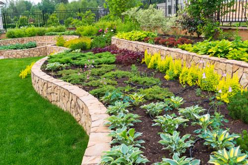 A landscaping feature including retaining walls.